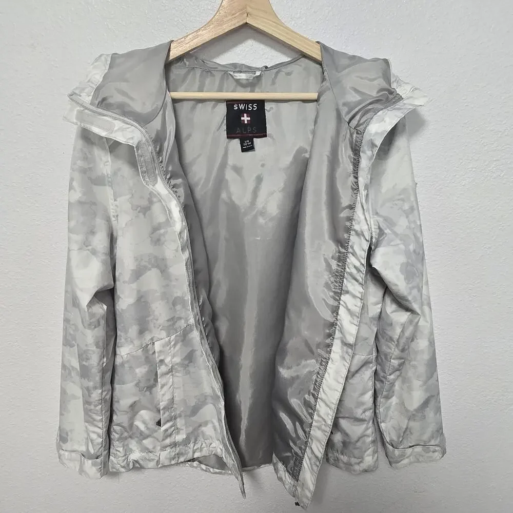 Swiss Alps White Camo Full Zip Packable Windbreaker w Hood Youth‎ Large 12-14